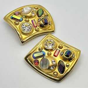 Vtg Gold & Multi Colored Faux Gemstone Clip Earrings
